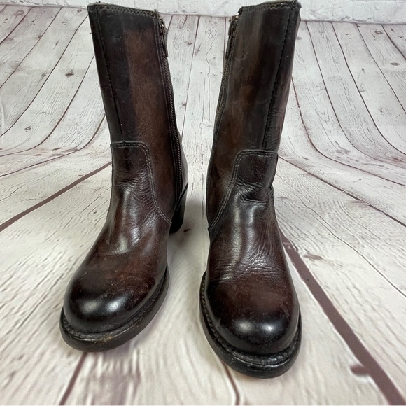 FRYE Sabrina brown leather block heel round toe campus mid boots, size 6.5 - Picture 3 of 15